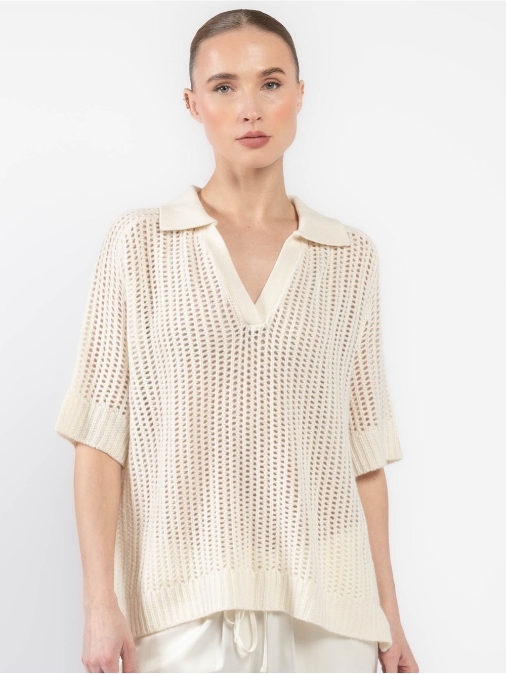 H&M Cream Open-Knit Crochet Polo Sweater